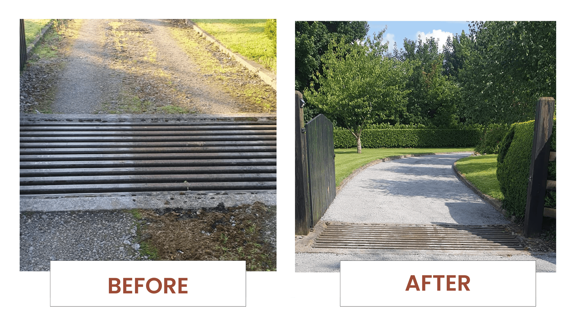 Photo of a tar and chip driveway with Kerbs built on either side and hedges and grass around the edge.