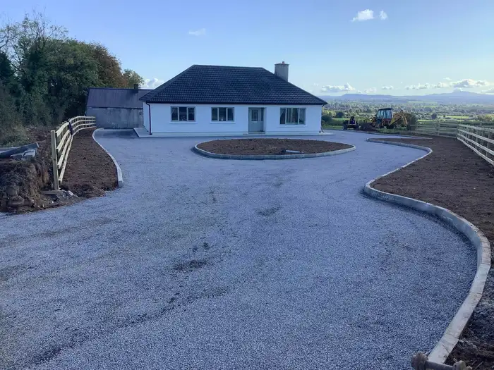 picture of a house with newly installed driveway and kerbs on either side