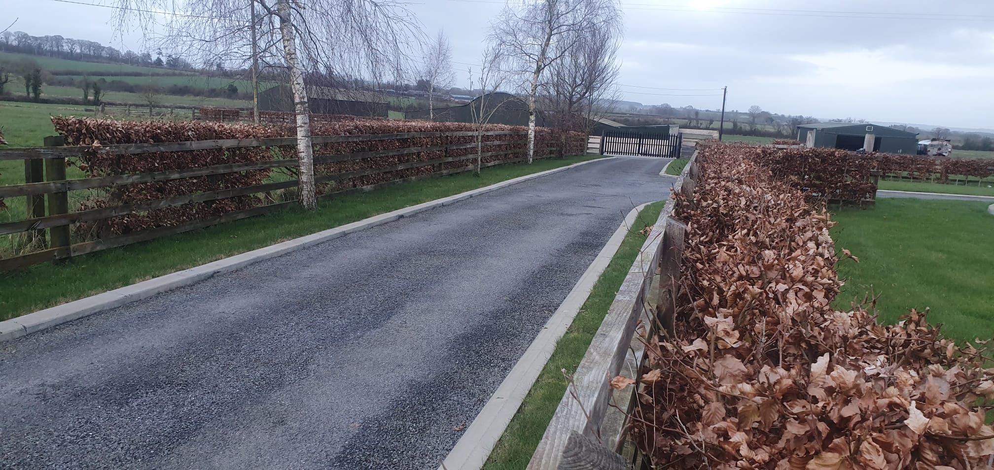 Photo of a driveway with Kerbs built on either side and hedges and grass around the edge